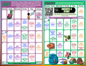 July and August calendar with events and dinosaur images