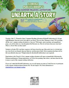 Details on Summer reading events with banner image of dinosaurs
