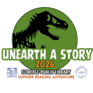 Summer Reading 2026 logo of dinosaur skeleton with text Unearth a Story