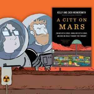 illustration of two authors and book cover